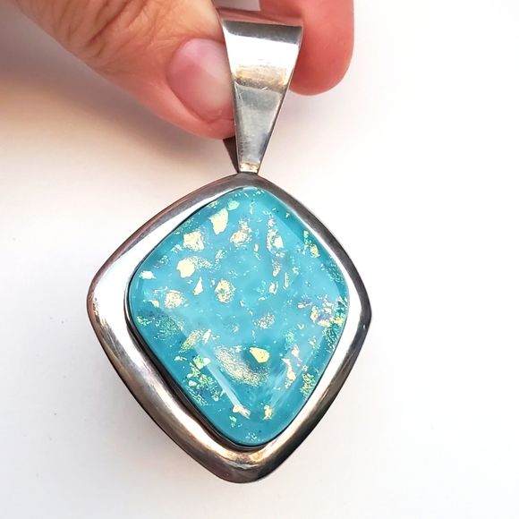 Jay King Turquoise large 925 sterling silver Pendant dtr Shimmery accents - Picture 3 of 6